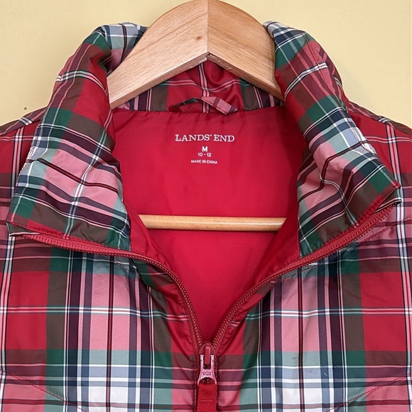 Lands’ End | Classic Red White Green Plaid Zip Front Down Puffer Vest M (8-10) - Picture 12 of 17